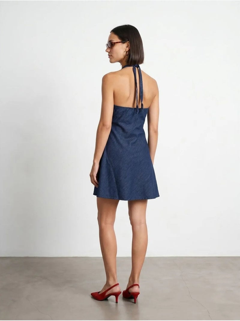 Korte denim mini-jurk met halter dilvin Saffierblauw - Kiabi