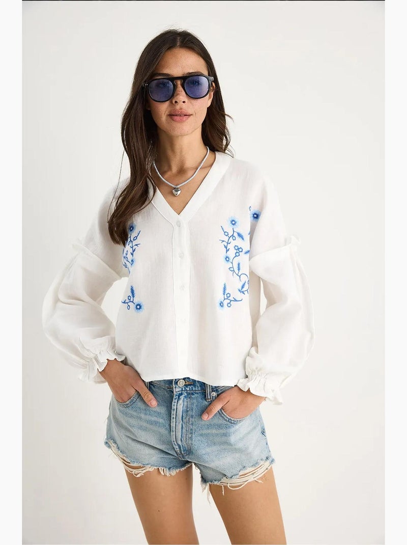 Korte geborduurde blouse met v-hals lucci Wit - Kiabi