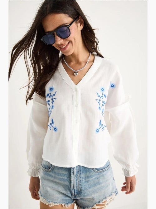 Korte geborduurde blouse met v-hals lucci - Kiabi