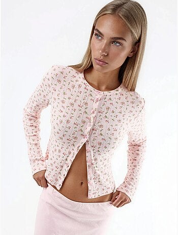 Korte geribbelde blouse met bloemen en knoopsluiting busem