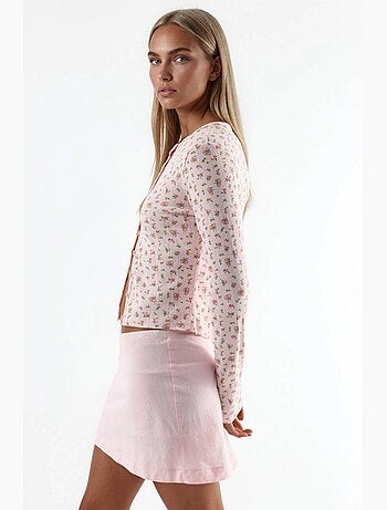 Korte geribbelde blouse met bloemen en knoopsluiting busem