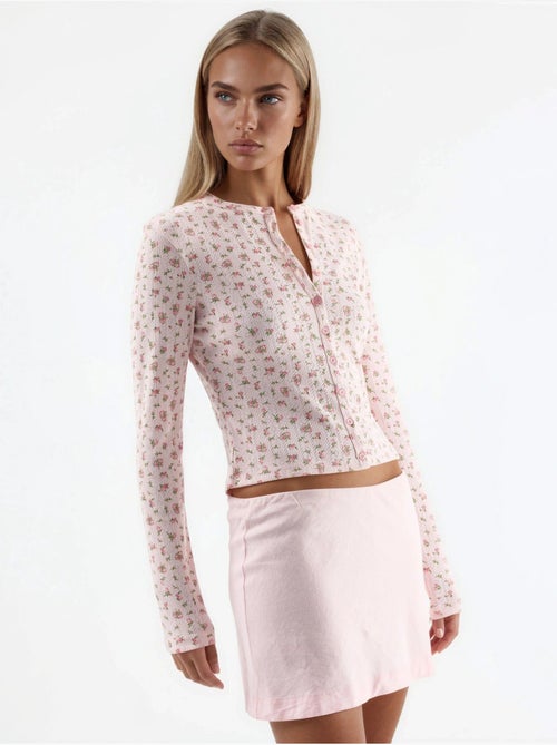 Korte geribbelde blouse met bloemen en knoopsluiting busem - Kiabi