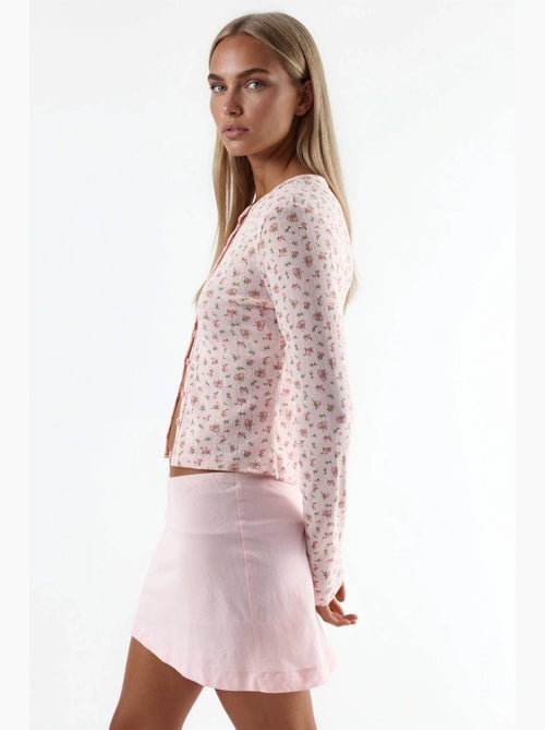 Korte geribbelde blouse met bloemen en knoopsluiting busem - Kiabi