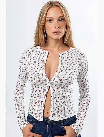 Korte geribbelde blouse met bloemen en knoopsluiting busem