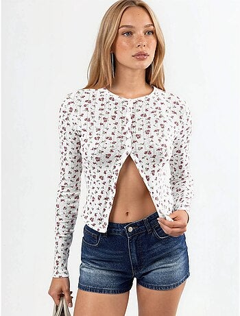 Korte geribbelde blouse met bloemen en knoopsluiting busem
