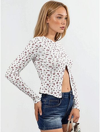 Korte geribbelde blouse met bloemen en knoopsluiting busem