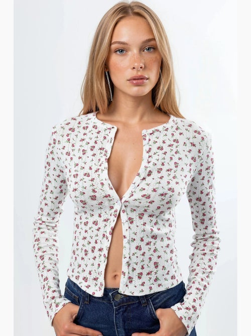 Korte geribbelde blouse met bloemen en knoopsluiting busem - Kiabi