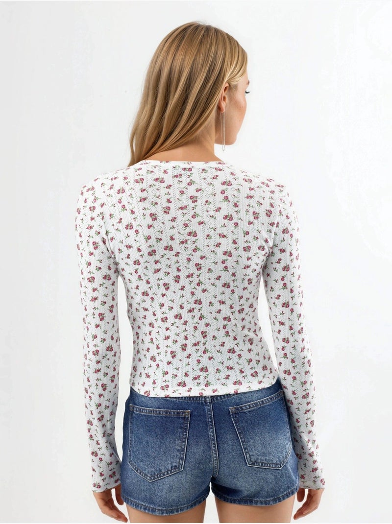 Korte geribbelde blouse met bloemen en knoopsluiting busem Wit - Kiabi