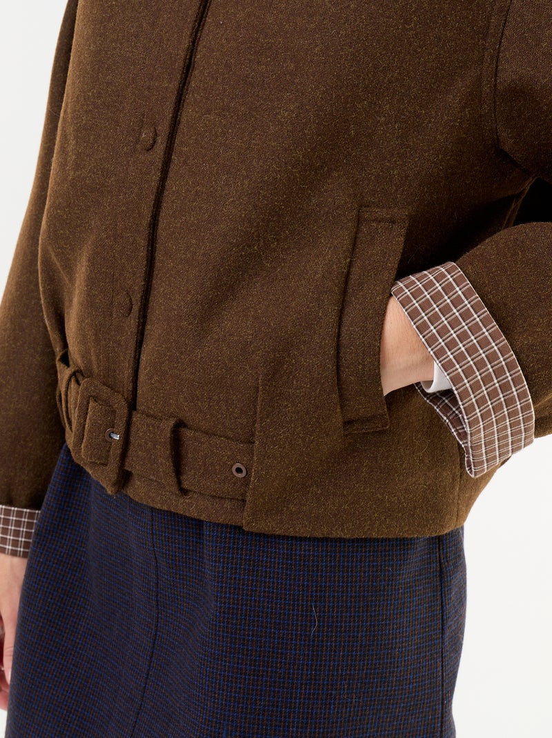 Korte jas met wollook en geïntegreerde riem Bruin - Kiabi