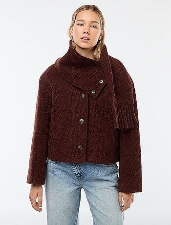 Korte jas van wolachtige stof met afneembare sjaal