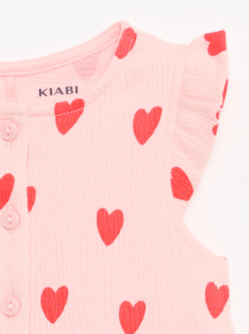 Korte jumpsuit van katoenen jerseytricot met ruches aan de mouwen Rose - Kiabi