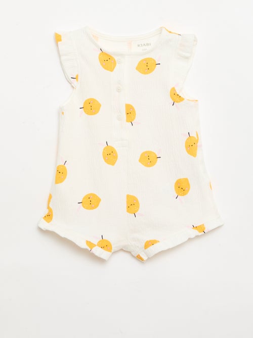 Korte jumpsuit van katoenen jerseytricot met ruches aan de mouwen - Kiabi