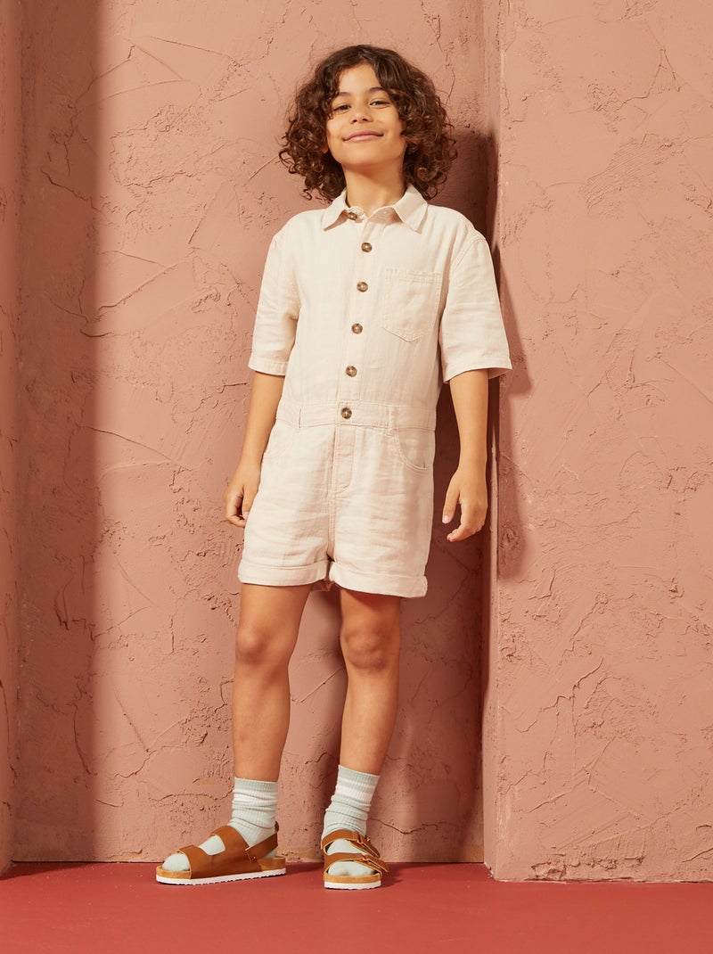Korte jumpsuit van linnenmix met korte mouw - Uniseks BIEGE - Kiabi