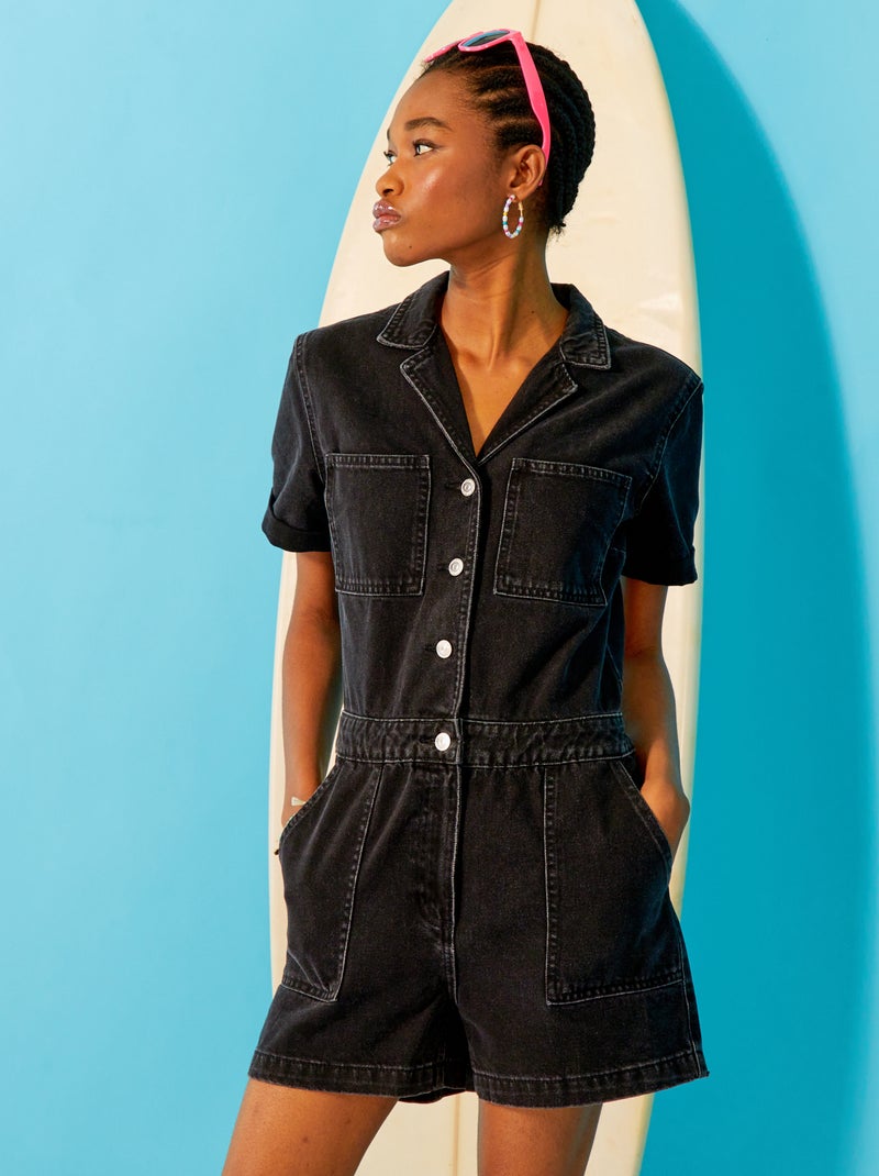 OEAK Sportjumpsuit voor dames, lang, strak, yoga-overall, lange mouwen, V-hals, playsuits met ritssluiting, joggingromper, broekpak, trainingspak, zwart, L