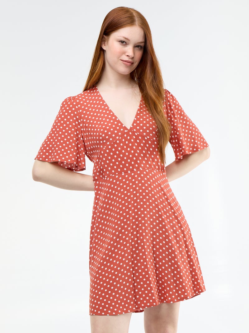 Korte jurk met korte mouwen en stippenpatroon Rood - Kiabi