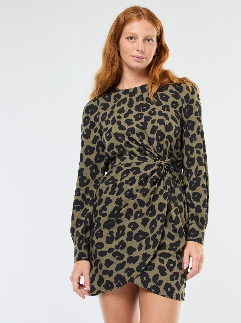Korte jurk met luipaardprint en gedrapeerd effect Kaki - Kiabi