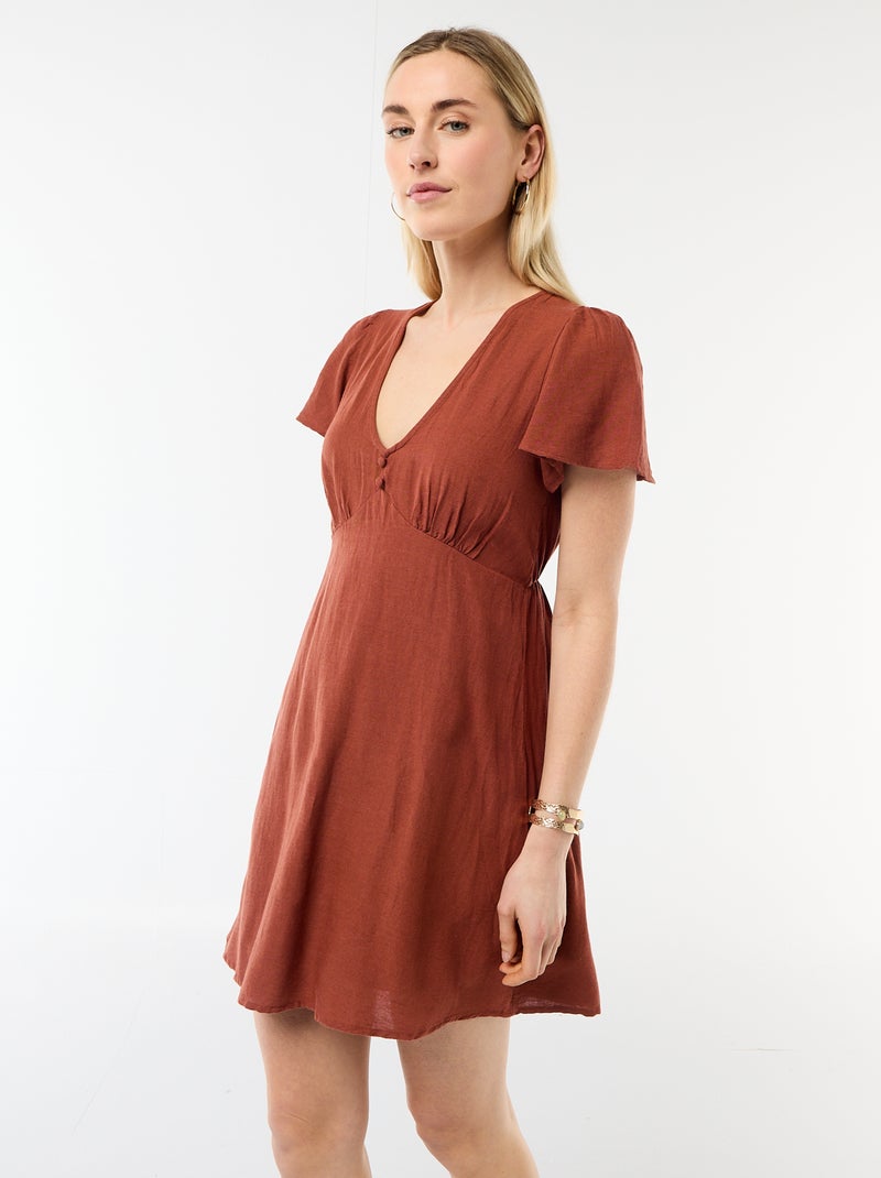 Korte jurk met vlindermouwen van katoen en linnen Bruin - Kiabi