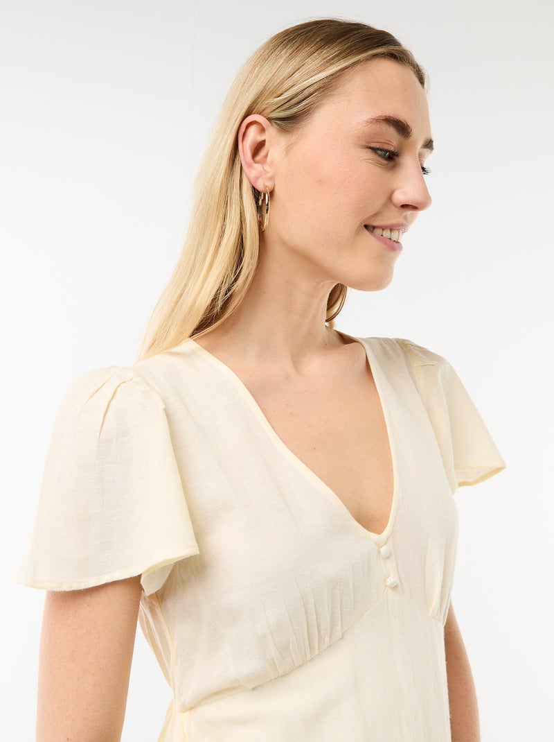 Korte jurk met vlindermouwen van katoen en linnen Geel - Kiabi