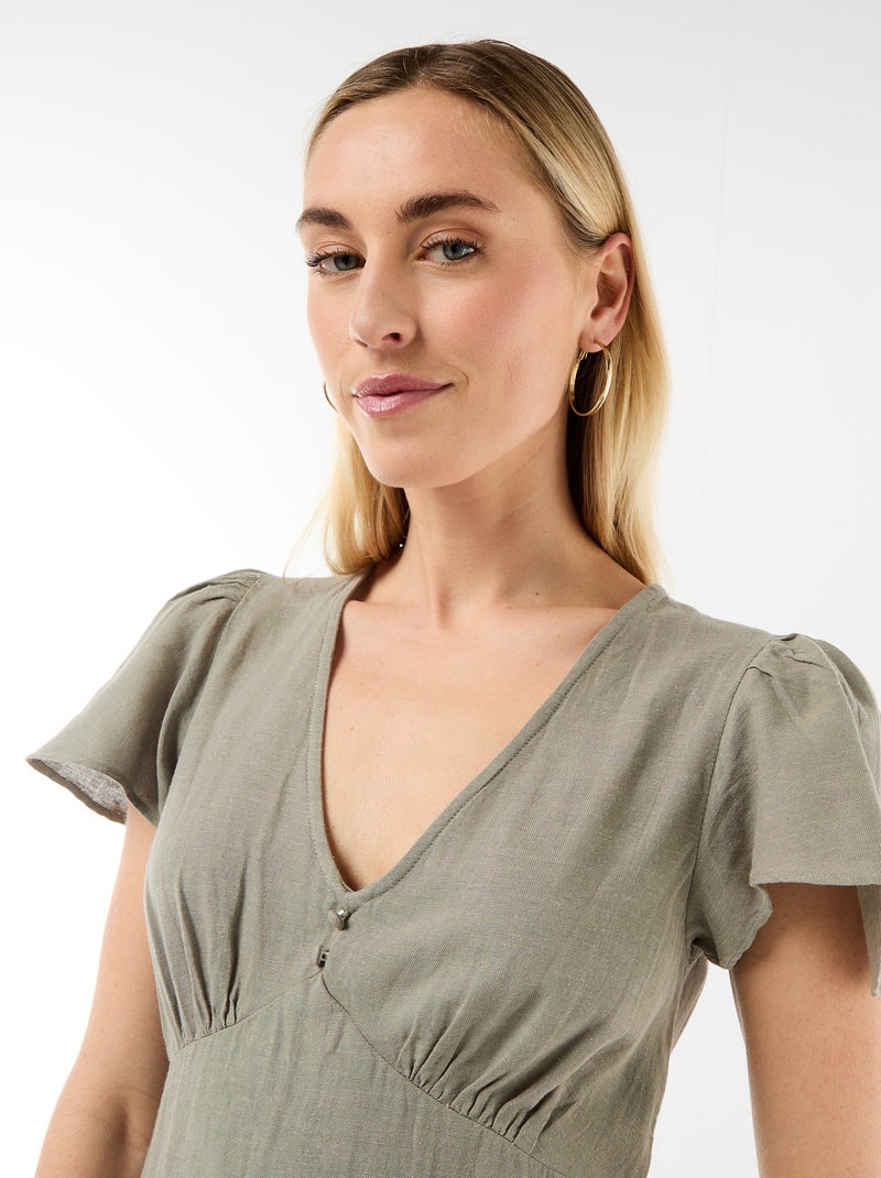 Korte jurk met vlindermouwen van katoen en linnen Groen - Kiabi