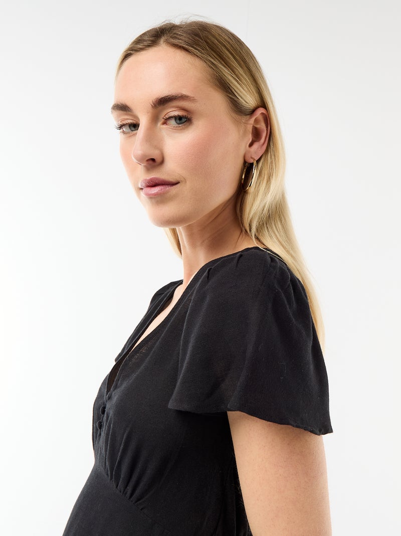 Korte jurk met vlindermouwen van katoen en linnen Zwart - Kiabi