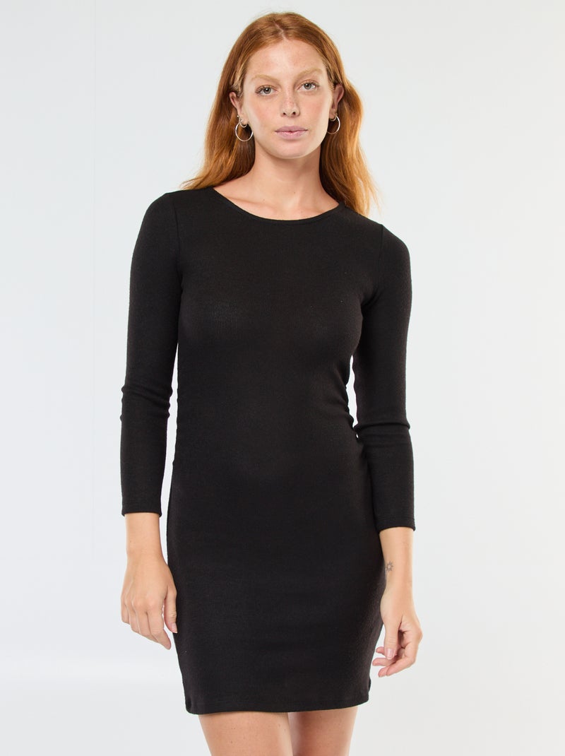 Korte jurk van zacht tricot met lange mouwen zwart - Kiabi