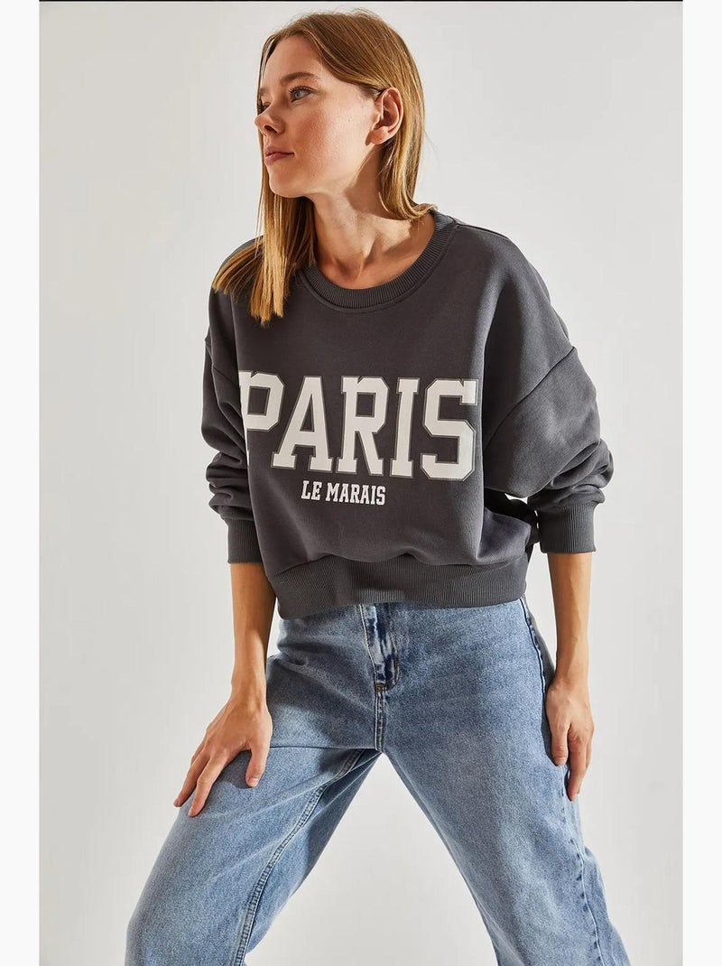 Korte katoenen sweater met ronde hals en tekstprint op de voorkant. Lucci Grijs - Kiabi
