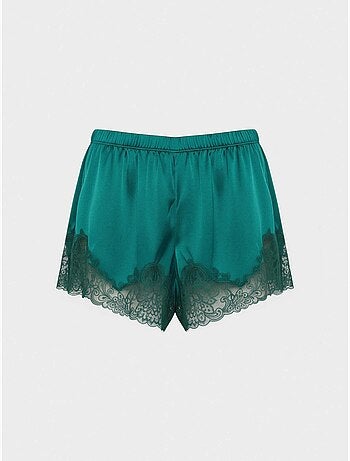 Korte lingerie short in flessengroen met borduursels