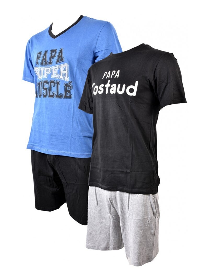 Korte pyjama KATOEN - Set van 2 Blauw Zwart Grijs - Kiabi