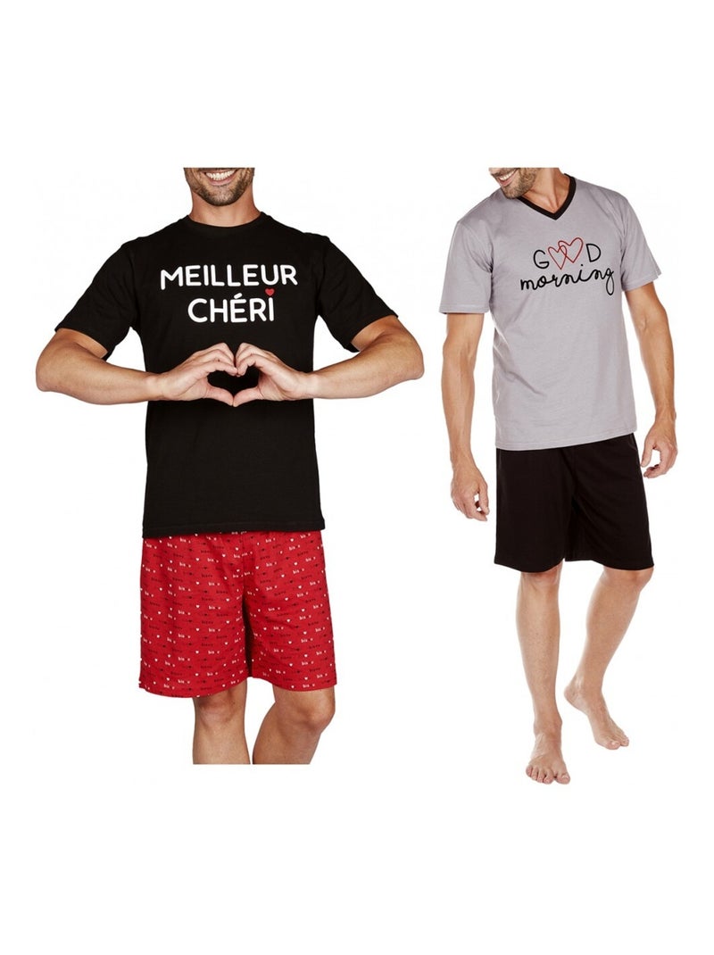 Korte pyjama KATOEN - Set van 2 Zwart Rood Grijs - Kiabi