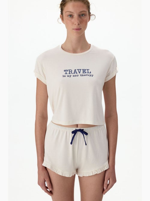 Korte pyjamaset met travel slogan-print, ruches en korte mouwen penti - Kiabi Korte pyjamaset met travel slogan-print, ruches en korte mouwen penti - Kiabi