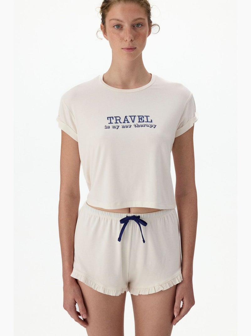 Korte pyjamaset met travel slogan-print, ruches en korte mouwen penti Gebroken wit - Kiabi