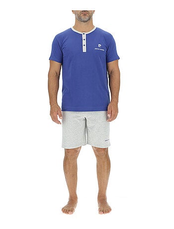 Korte pyjamaset voor heren van effen katoen met button-down kraag en logo op de borst.