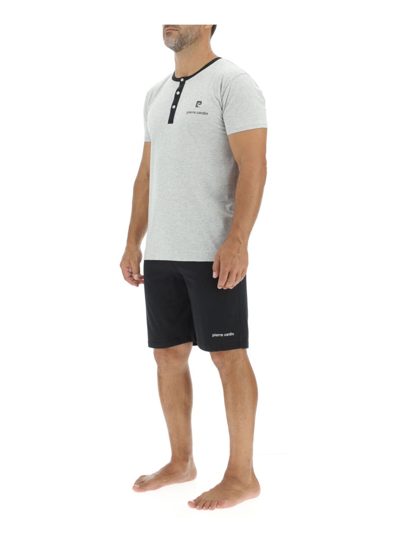 Korte pyjamaset voor heren van effen katoen met button-down kraag en logo op de borst. Grijs - Kiabi