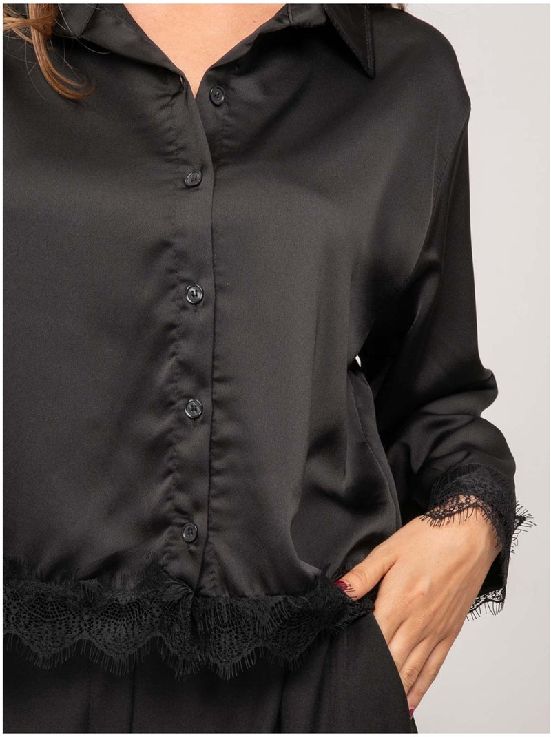 Korte satijnen blouse met kanten rand olenka Zwart - Kiabi