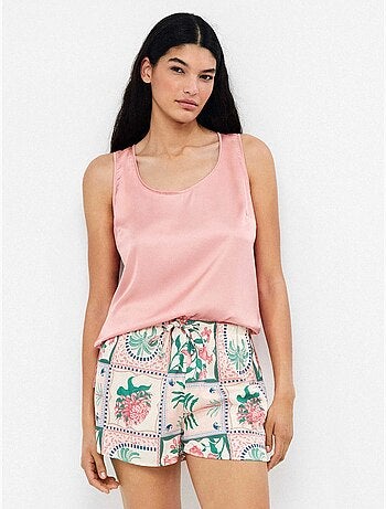 Korte satijnen broek met tropisch bloemenmozaïekprint