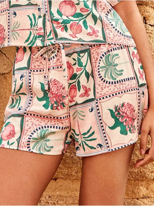 Korte satijnen broek met tropisch bloemenmozaïekprint - Kiabi