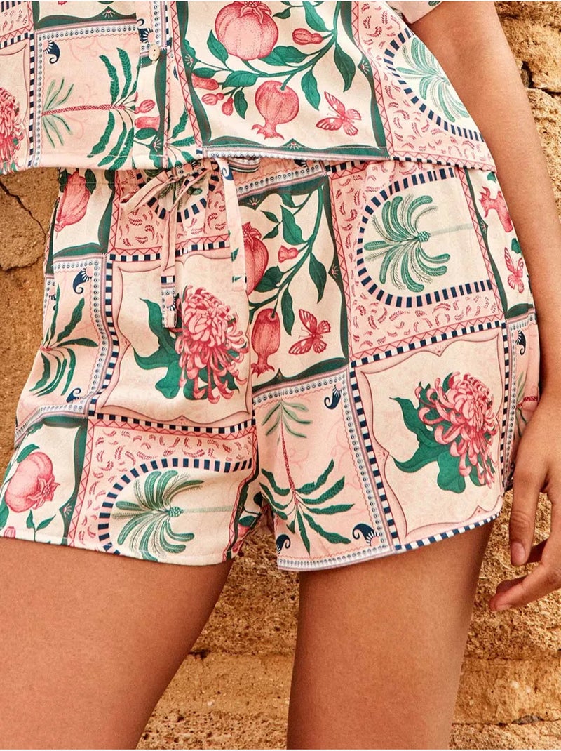 Korte satijnen broek met tropisch bloemenmozaïekprint Multicolor - Kiabi