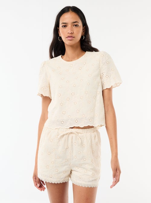 Korte short met Engels borduurwerk van effen katoen - Kiabi