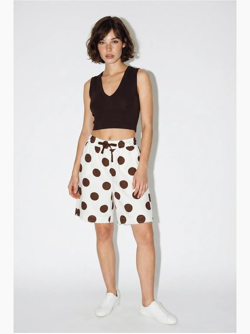 Korte short van katoenen gabardine met hoge taille lucci Wit Bruin - Kiabi
