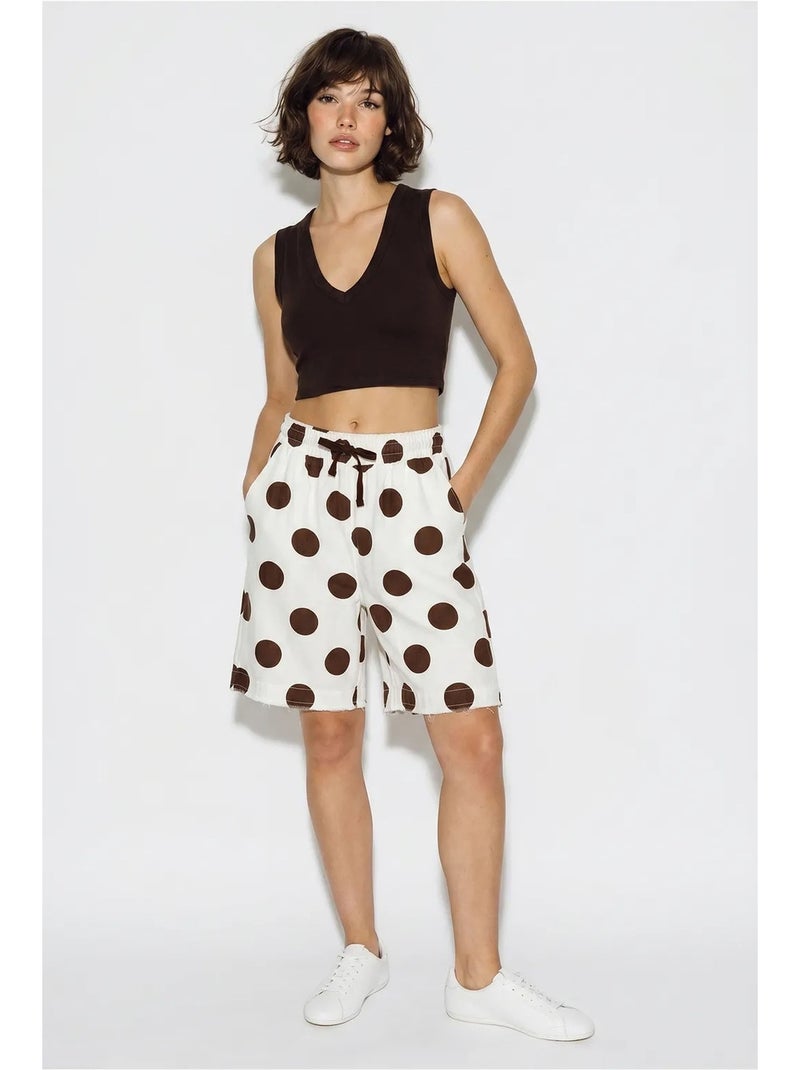 Korte short van katoenen gabardine met hoge taille lucci Wit Bruin - Kiabi