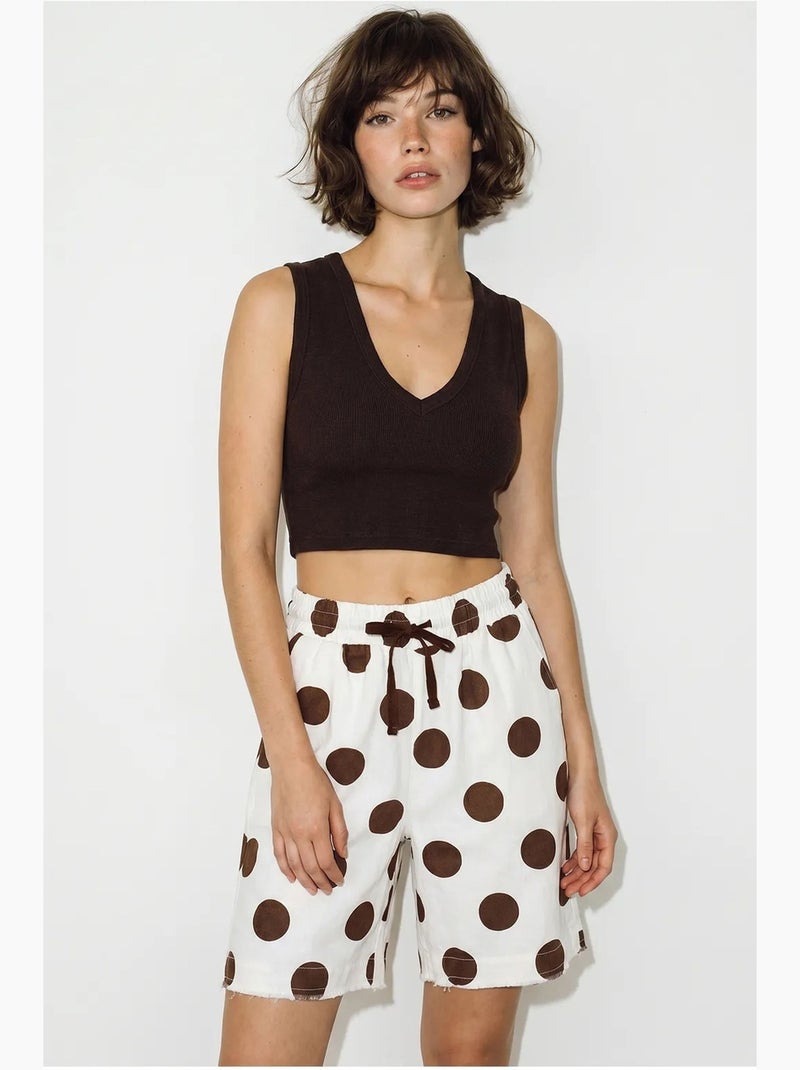 Korte short van katoenen gabardine met hoge taille lucci Wit Bruin - Kiabi