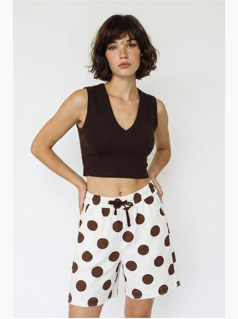 Korte short van katoenen gabardine met hoge taille lucci Wit Bruin - Kiabi