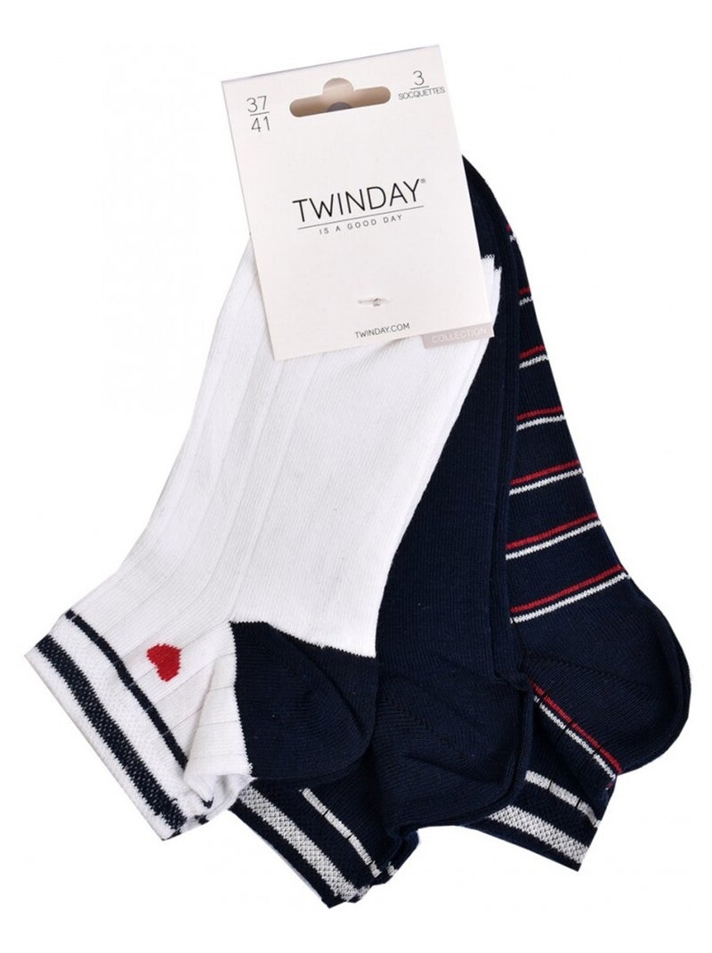 Korte sokken dames TWINDAY - Set van 6 Blauw Wit - Kiabi