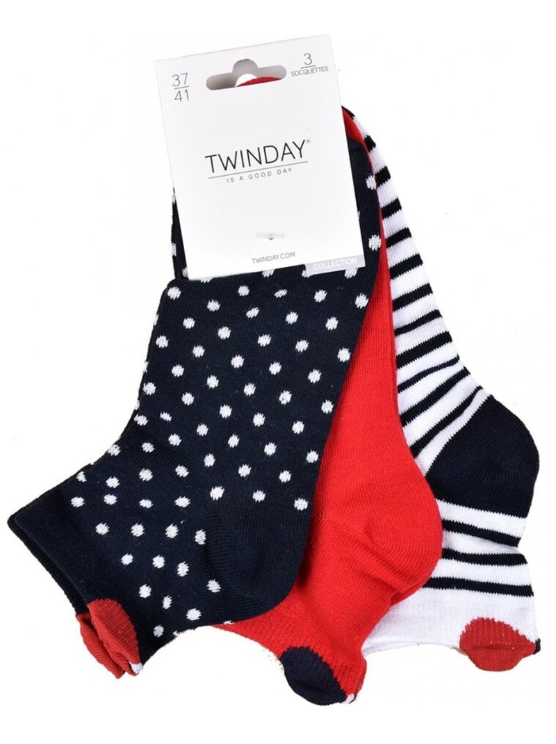 Korte sokken dames TWINDAY - Set van 6 Wit Rood Blauw - Kiabi