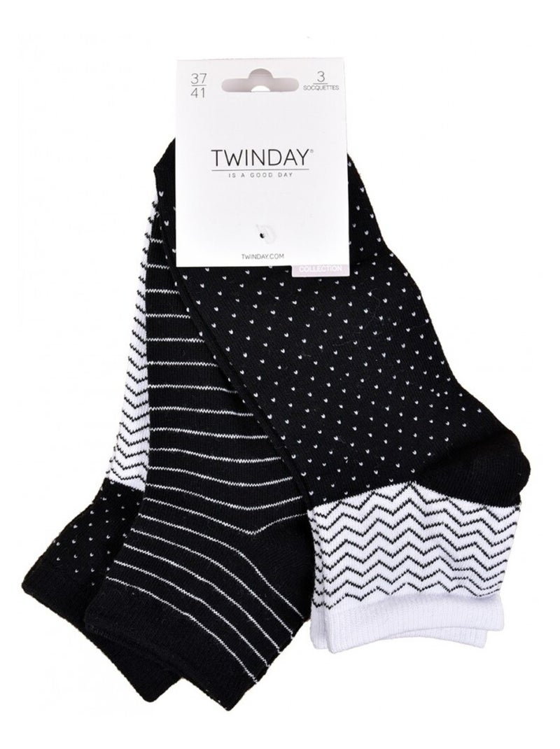 Korte sokken dames TWINDAY - Set van 6 Zwart Zwart Wit - Kiabi