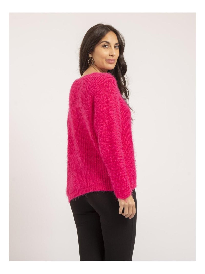 Kristina chenille gebreide v-hals trui Fuchsia roze - Kiabi