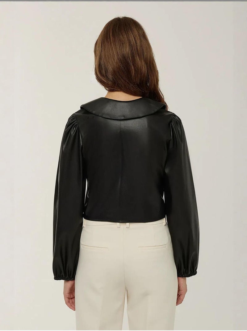 Kunstleren blouse met lange mouwen en strik hiccup Zwart - Kiabi