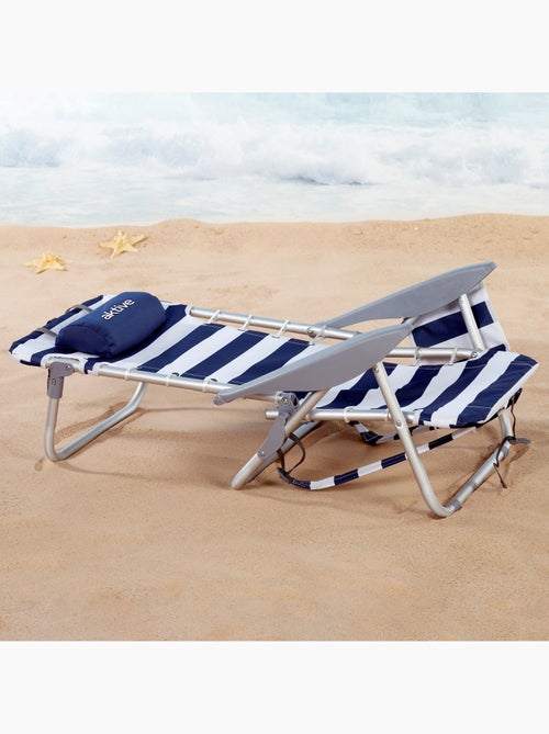 Lage opvouwbare strandstoel met rugzak, 4 standen, gestreept, met kussen en opbergvak aktive - Kiabi Lage opvouwbare strandstoel met rugzak, 4 standen, gestreept, met kussen en opbergvak aktive - Kiabi