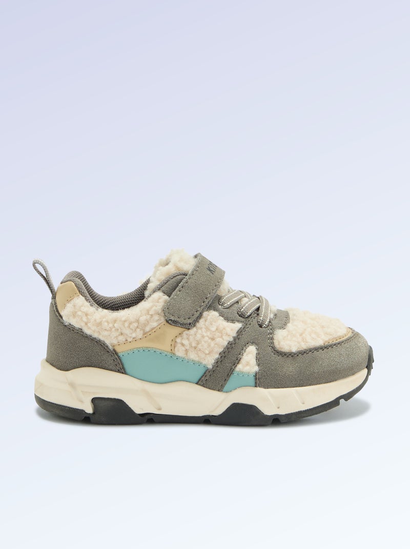 Lage sneakers van suède-look stof en met schapenvachteffect Grijs - Kiabi