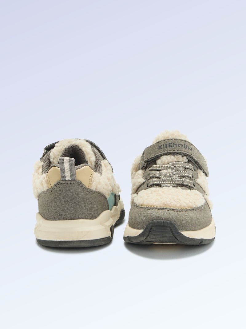 Lage sneakers van suède-look stof en met schapenvachteffect Grijs - Kiabi